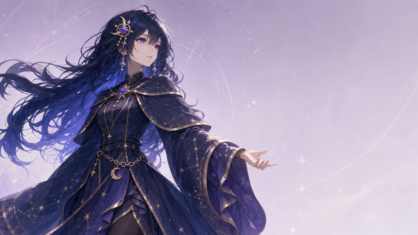 EchoKin celestial companion extending her hand toward a field of stars